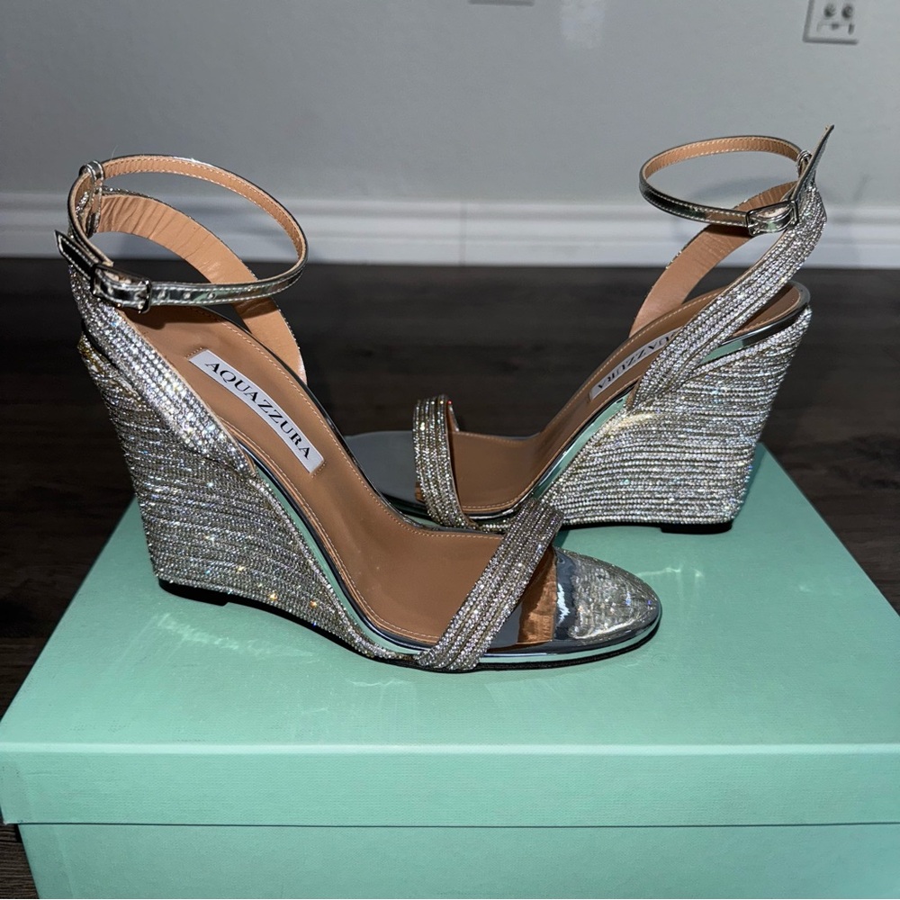 Aquazzura Wow Crystal Wedge 95 Silver Sandals NWT